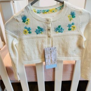 Cream Knit Baby Cardigan with Yellow & Teal Floral Embroidery